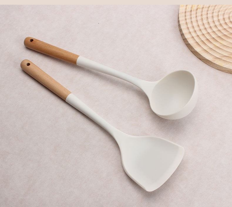 Set of 2PCS  Cookware Wooden Handle Silicone Spatula Kitchen Non-Stick Cooking Silicone Spatula Spoon Set Household Cooking Spatula Soup Spoon