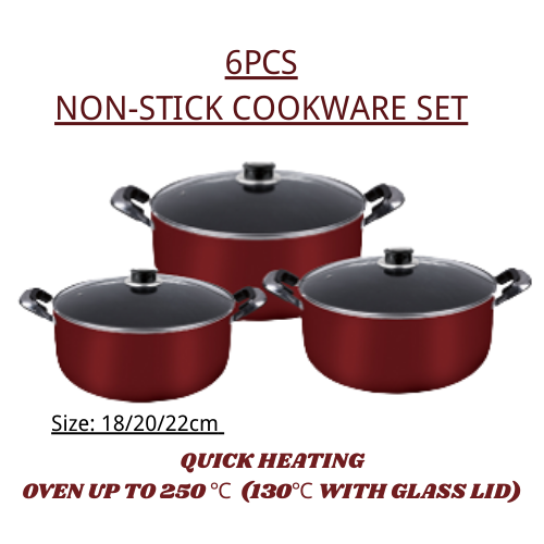 Jaza Keja Cookware Set of 6PCS  NonStick Cookware Set Sufuria Set Cooking Pot Set Suitable for Induction Cooker  (3PCS 18/20/22cm Pots +3PCS Lids)