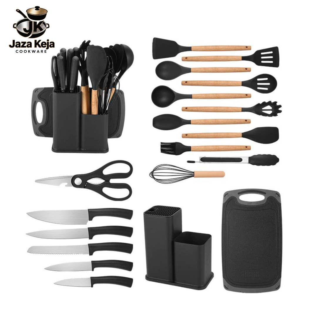 Set of 19PCS Cookware  Kitchen Utensil Set Silicone Spatula Soup Spoon Non-Stick Silicone Spatula Food Grade Household Silicone Sharp Knife Cutting Board Set