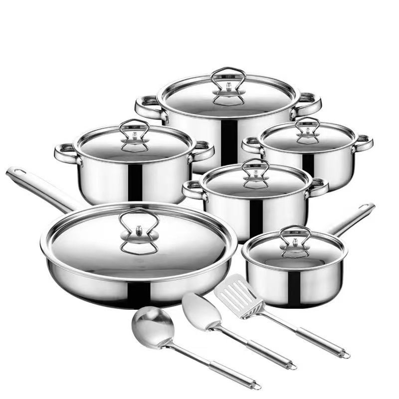 Set of 15PCS Non-stick Stainless Steel Cookware Set Cooking Pot Set Sufuria Set (6PCS 18/18/20/22/26/26 CM Pots+6PCS Stainless Steel Lids+3PCS Stainless Steel Spoon Set )