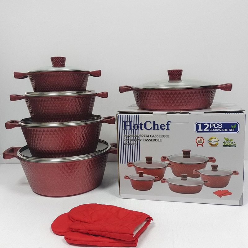 【On Sale】HotChef  Set of 12PCS Non-Stick Thickened and Large Size Die Cast Aluminum Cookware Set  Marble Coating Sufuria Set Cooking Pot Set (5PCS 20/24/28/28/32CM Pots+5PCS Lids +2PCS Gloves)