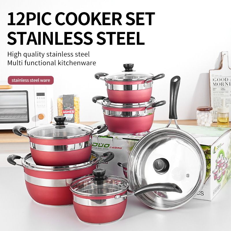 Set of 12PCS Non-stick Stainless Steel Cookware Sets Pots and Pans  Cooking Pot Set Stainless Steel Cookware Set Sufuria Set (6PCS 18/18//20/22/24/26CM  Pots+6PCS Lids)