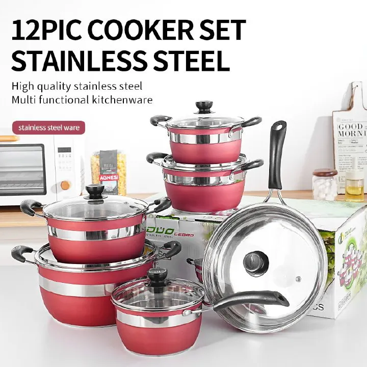 Set of 12PCS Non-stick Stainless Steel Cookware Sets Pots and Pans  Cooking Pot Set Stainless Steel Cookware Set Sufuria Set (6PCS 18/18//20/22/24/26CM  Pots+6PCS Lids)