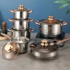 Engeibepg Set of 12PCS High Quality Non-stick Stainless Steel Cookware Sets Pots and Pans Cooking Pot Set  Sufuria Set Suitable for Induction Cooker (6PCS 16/16/18/20/24/24CM Pots+6PCS Lids)
