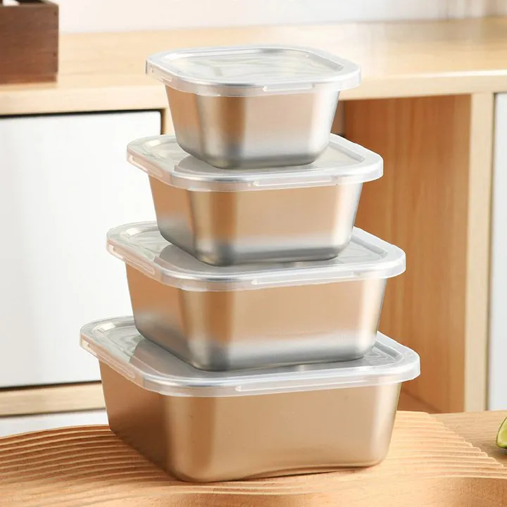 【On Sale】Set of 4PCS Stainless Steel Lunch Box With Lid  Refrigerator Storage Box  Lunch Box fresh-keeping Box (12/14/16/18CM)