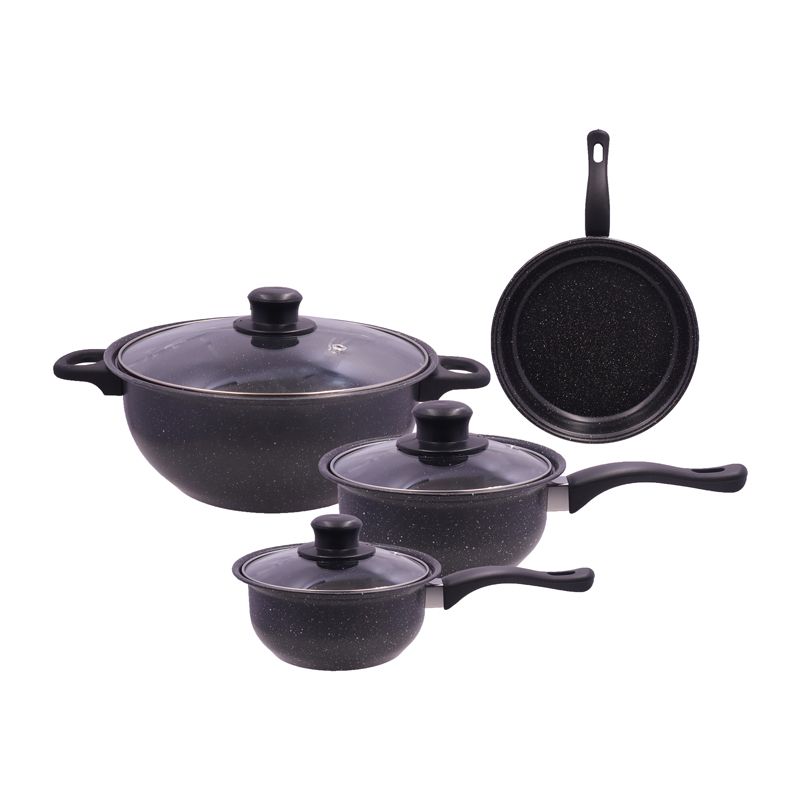 HotChef  Set of 7PCS  Non-stick  Iron Granite Coating Cookware Set Sufuria Set Cooking Pot Set (3PCS 16/18/24 Pots+3pcs Glass Lids+1pc 24cm Pan)