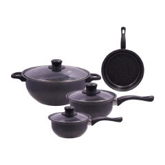 HotChef  Set of 7PCS  Non-stick  Iron Granite Coating Cookware Set Sufuria Set Cooking Pot Set (3PCS 16/18/24 Pots+3pcs Glass Lids+1pc 24cm Pan)  TTG100
