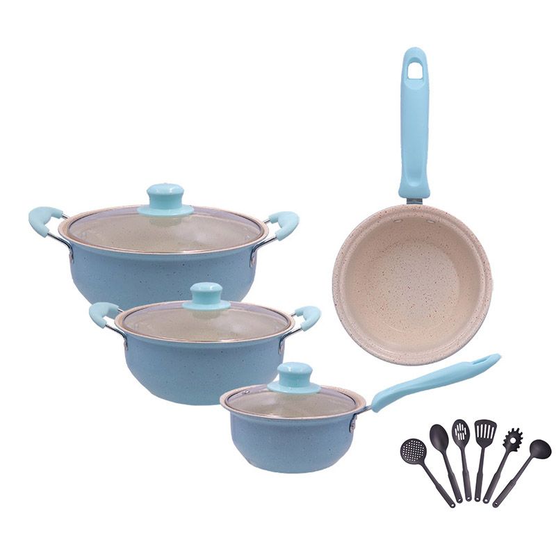 HotChef  Set of 13PCS Non-stick Colorful Marble Cast Iron Cookware Set Pots and Pans Cooking Pot Set Sufuria Set (3PCS 16/20/22CM Pots+1PC 22CM Pan + 6PCS kitchen Tools)