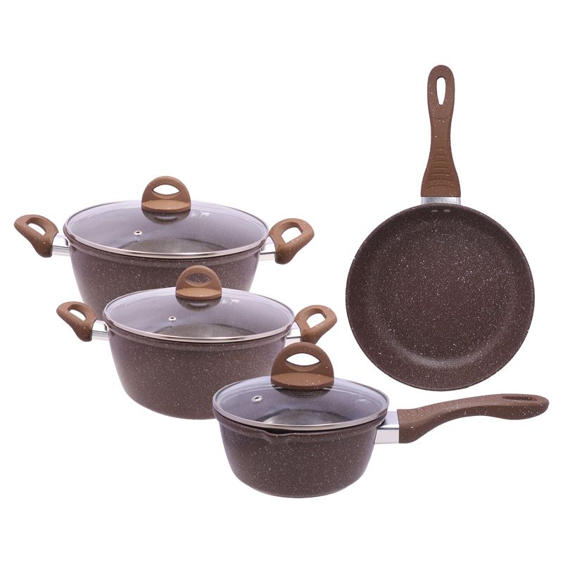 HotChef  Set of  7PCS  Non-stick  Die-cast Marble Iron Cookware Set Pots and Pans Cooking Pot Set Sufuria Set  Suitable for induction cookers (3PCS 16/20/24CM Pots +1PC 24CM Pan +3PCS Glass Lids)