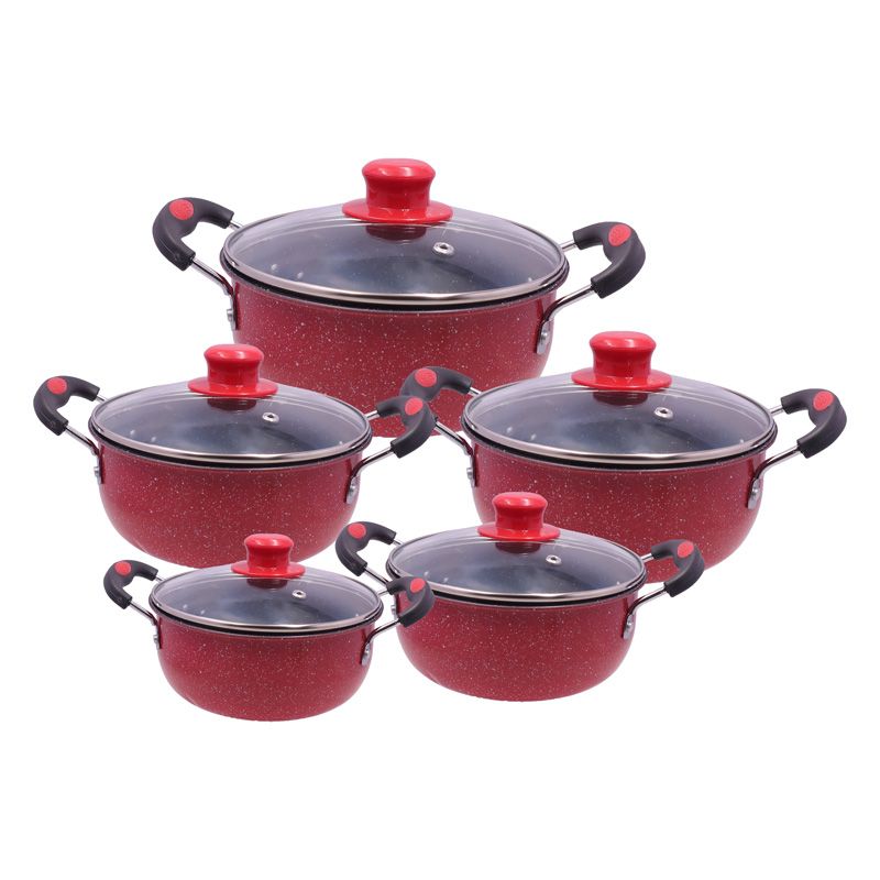 HotChef  Set of 10PCS Non-stick Iron Marble Coating Cookware Set Sufuria Set Cooking Pot Set  Suitable for Induction Cookers (5PCS 18/20/22/24/26CM Pots+5PCS Glass Lids)