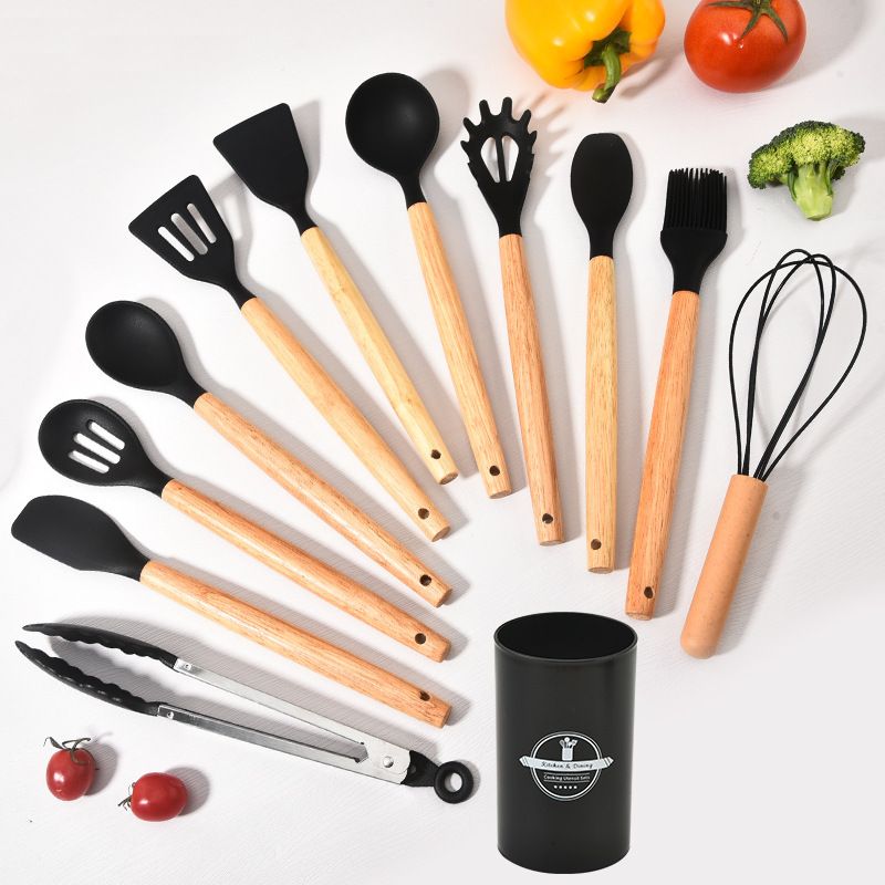 Set of 12PCS Wooden Handle Silicone Kitchenware Set With Storage Bucket High Temperature Protection Cookware