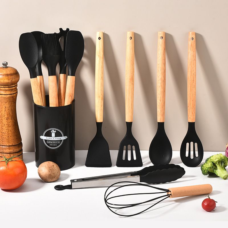 Set of 12PCS Wooden Handle Silicone Kitchenware Set With Storage Bucket High Temperature Protection Cookware
