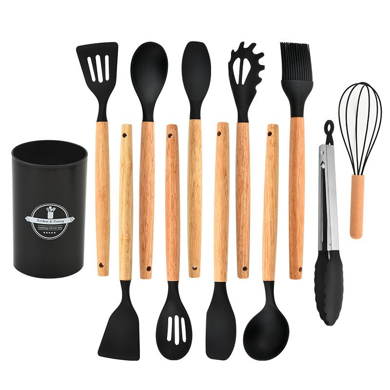 Set of 12PCS Wooden Handle Silicone Kitchenware Set With Storage Bucket High Temperature Protection Cookware