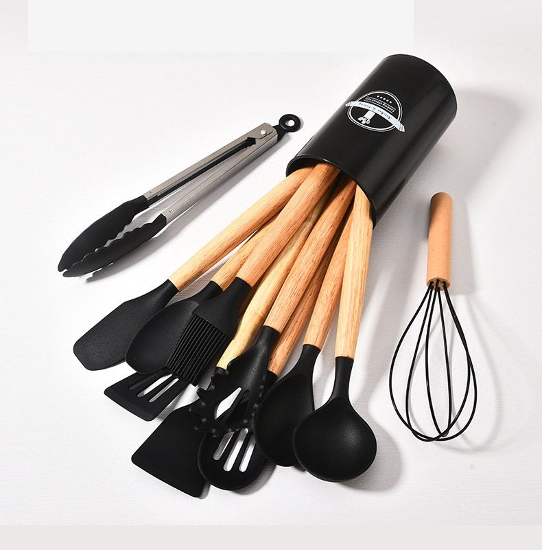 Set of 12PCS Wooden Handle Silicone Kitchenware Set With Storage Bucket High Temperature Protection Cookware