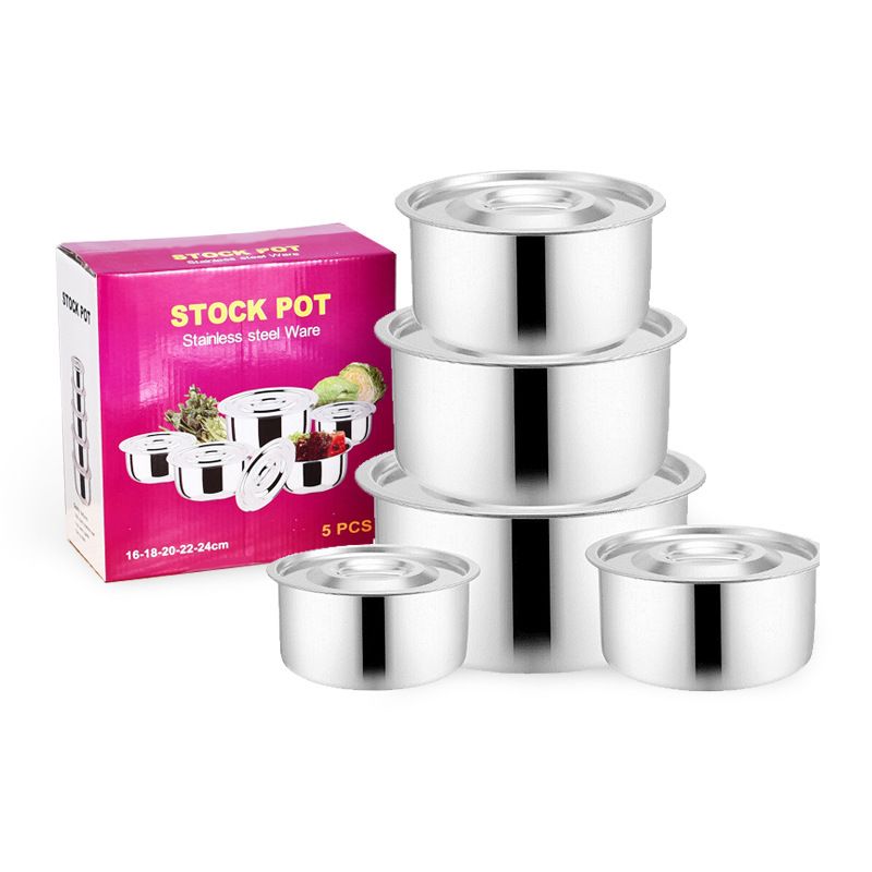Set of 10PCS Stainless Steel Cooking Pot  Seasoning Oil Basin  Fresh-Keeping Box Household Multi-Purpose Soup Pot With Lid Set (5PCS 16/18/20/22/24 Pots+5PCS Lids)