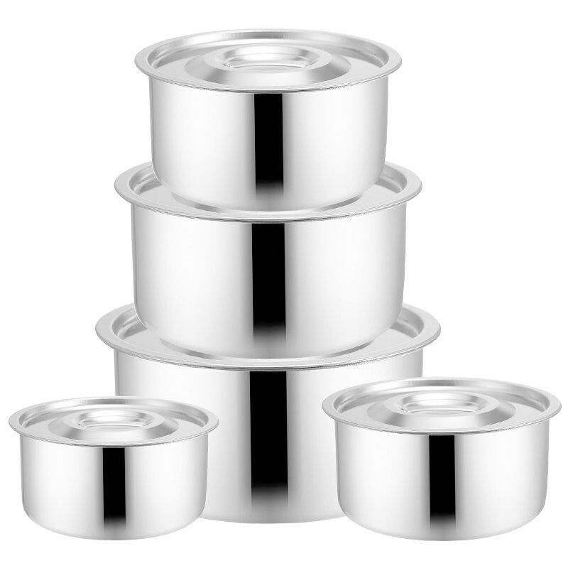 Set of 10PCS Stainless Steel Cooking Pot  Seasoning Oil Basin  Fresh-Keeping Box Household Multi-Purpose Soup Pot With Lid Set (5PCS 16/18/20/22/24 Pots+5PCS Lids)