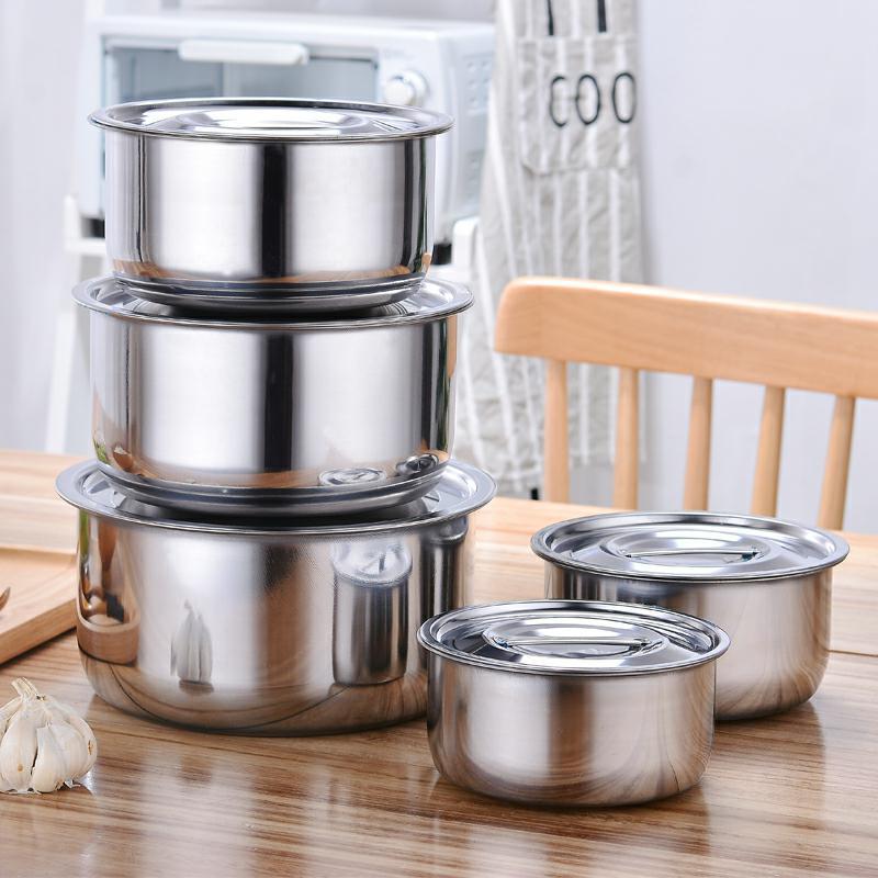 Set of 10PCS Stainless Steel Cooking Pot  Seasoning Oil Basin  Fresh-Keeping Box Household Multi-Purpose Soup Pot With Lid Set (5PCS 16/18/20/22/24 Pots+5PCS Lids)
