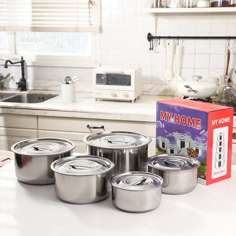 Set of 10PCS Stainless Steel Cooking Pot  Seasoning Oil Basin  Fresh-Keeping Box Household Multi-Purpose Soup Pot With Lid Set (5PCS 16/18/20/22/24 Pots+5PCS Lids)