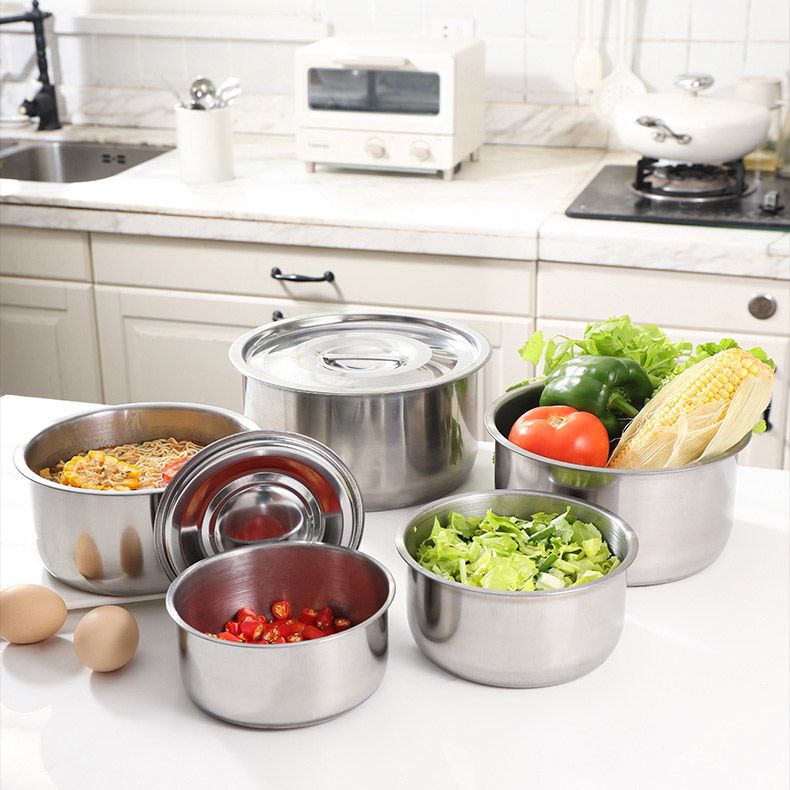 Set of 10PCS Stainless Steel Cooking Pot  Seasoning Oil Basin  Fresh-Keeping Box Household Multi-Purpose Soup Pot With Lid Set (5PCS 16/18/20/22/24 Pots+5PCS Lids)
