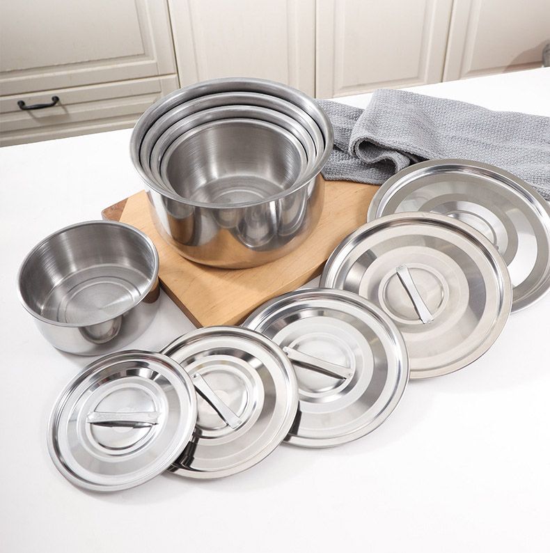 Set of 10PCS Stainless Steel Cooking Pot  Seasoning Oil Basin  Fresh-Keeping Box Household Multi-Purpose Soup Pot With Lid Set (5PCS 16/18/20/22/24 Pots+5PCS Lids)