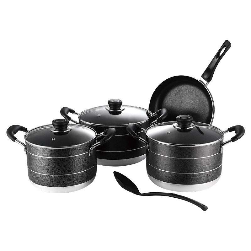 Set of 8PCS  Aluminum Non Stick Cookware Set Sufuria Set Nonstick Pots Soup Pot Milk Pot and Frying Pans Set Aluminum Pan (3PCS 20/22/24CM Pots+3PCS Lids+1PC 24CM Pan+1PC Spoon)
