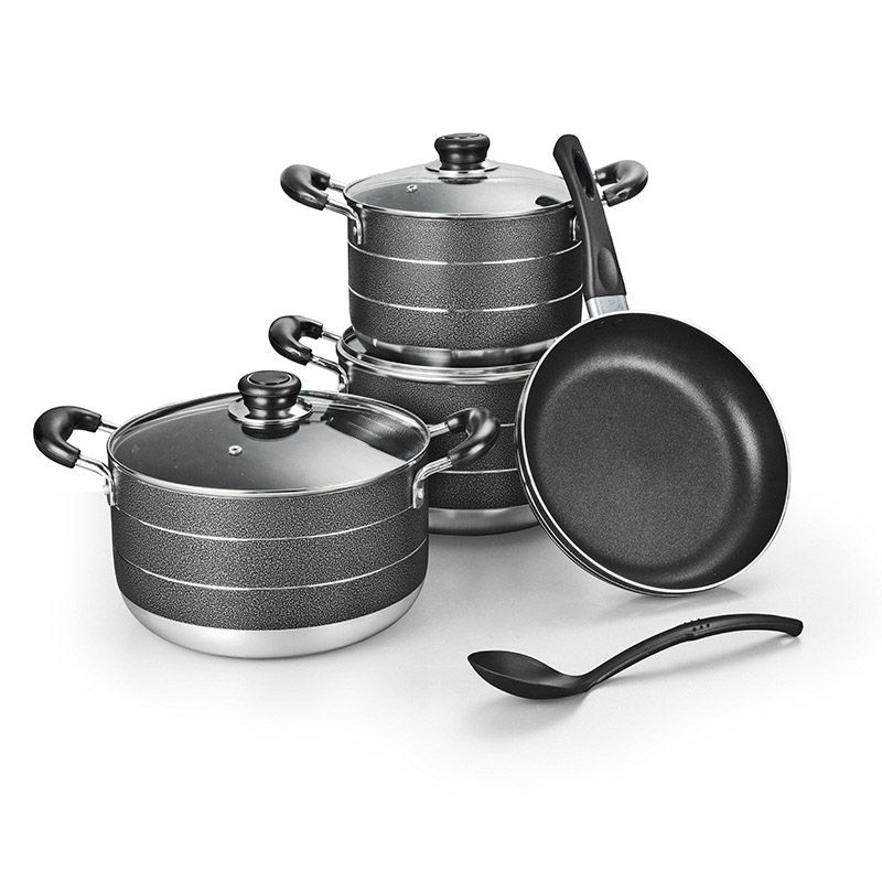 Set of 8PCS  Aluminum Non Stick Cookware Set Sufuria Set Nonstick Pots Soup Pot Milk Pot and Frying Pans Set Aluminum Pan (3PCS 20/22/24CM Pots+3PCS Lids+1PC 24CM Pan+1PC Spoon)