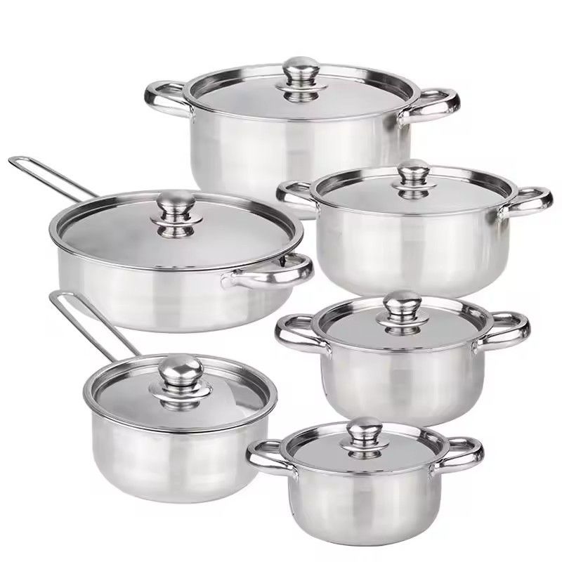 【On Sale】Set of 12PCS Non-stick Stainless Steel Cookware Set Cooking Pot Set Sufuria Set (6PCS 18/20/22/24/26/28 CM Pots+6PCS Stainless Steel Lids)