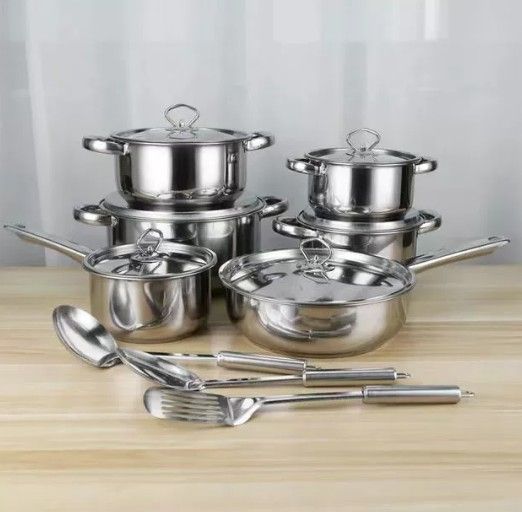 Set of 15PCS Non-stick Stainless Steel Cookware Set Cooking Pot Set Sufuria Set (6PCS 18/18/20/22/26/26 CM Pots+6PCS Stainless Steel Lids+3PCS Stainless Steel Spoon Set )