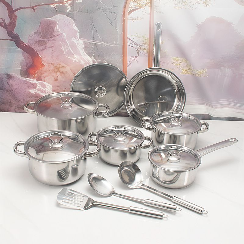 Set of 15PCS Non-stick Stainless Steel Cookware Set Cooking Pot Set Sufuria Set (6PCS 18/18/20/22/26/26 CM Pots+6PCS Stainless Steel Lids+3PCS Stainless Steel Spoon Set )