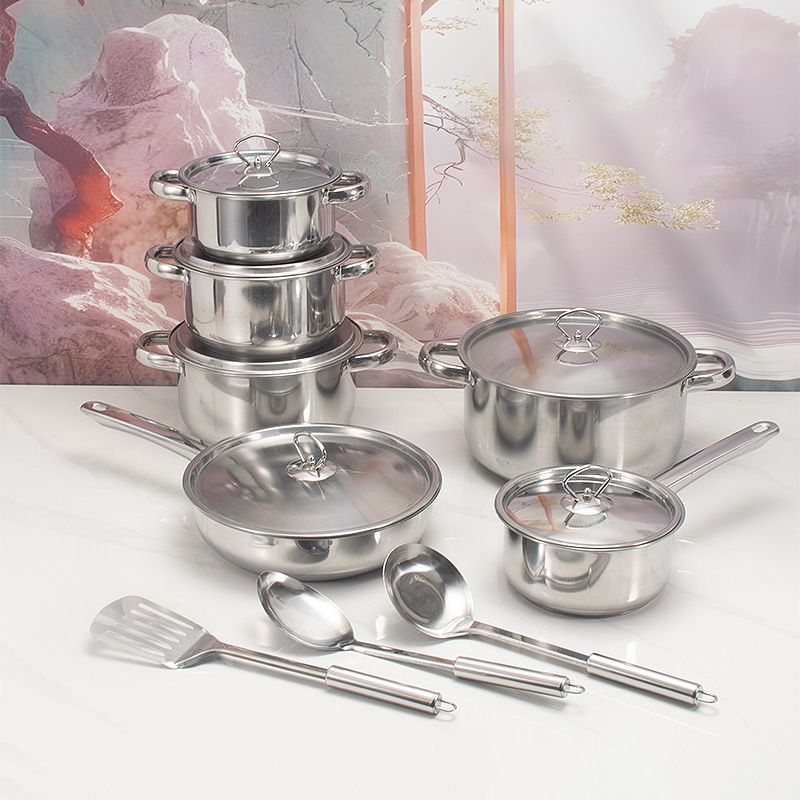 Set of 15PCS Non-stick Stainless Steel Cookware Set Cooking Pot Set Sufuria Set (6PCS 18/18/20/22/26/26 CM Pots+6PCS Stainless Steel Lids+3PCS Stainless Steel Spoon Set )