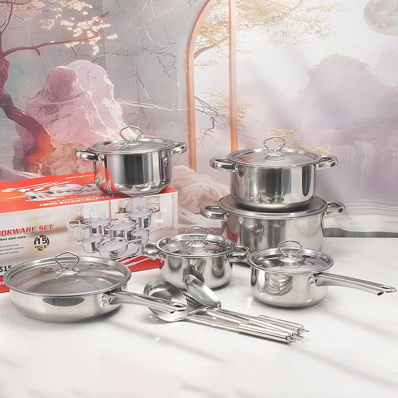 Set of 15PCS Non-stick Stainless Steel Cookware Set Cooking Pot Set Sufuria Set (6PCS 18/18/20/22/26/26 CM Pots+6PCS Stainless Steel Lids+3PCS Stainless Steel Spoon Set )