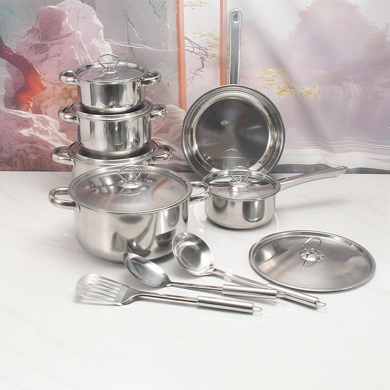 Set of 15PCS Non-stick Stainless Steel Cookware Set Cooking Pot Set Sufuria Set (6PCS 18/18/20/22/26/26 CM Pots+6PCS Stainless Steel Lids+3PCS Stainless Steel Spoon Set )