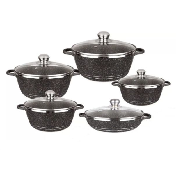 【On Sale】HotChef Set of 10PCS Non-stick Aluminum  Cookware Set Sufuria Set Marble Coating Cooking Pot Soup Pots Set (5PCS 18/22/26/26/30 CM Pots+5PCS Lids)