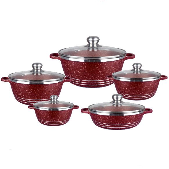 【On Sale】HotChef Set of 10PCS Non-stick Aluminum  Cookware Set Sufuria Set Marble Coating Cooking Pot Soup Pots Set (5PCS 18/22/26/26/30 CM Pots+5PCS Lids)