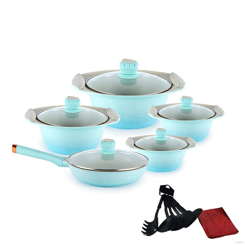 HotChef Set of 17PCS Non-stick Die Cast Aluminum Marble Coating  Cookware Set Sufuria Set Cooking Pot  Set  Casserole and Fry Pan Set Ceramic Co(5PCS 18/20/22/24/26CM Pots+5PCS Lids +3PCS Accessories)