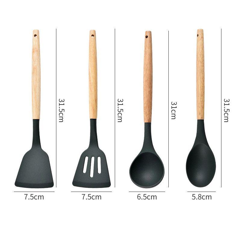 Set of 12PCS Wooden Handle Silicone Kitchenware Set With Storage Bucket High Temperature Protection Cookware