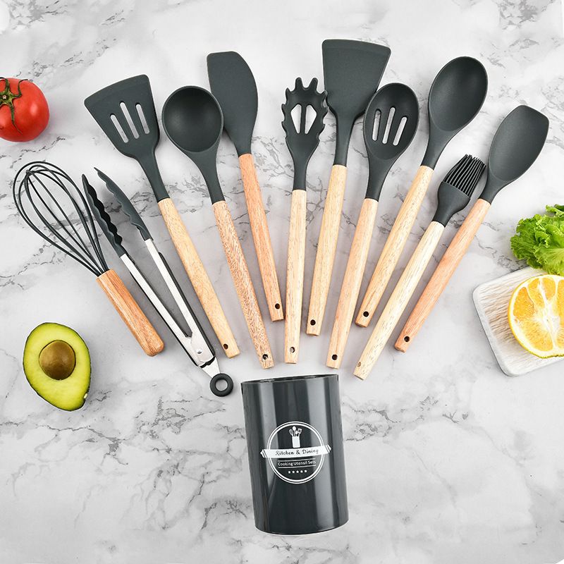 Set of 12PCS Wooden Handle Silicone Kitchenware Set With Storage Bucket High Temperature Protection Cookware