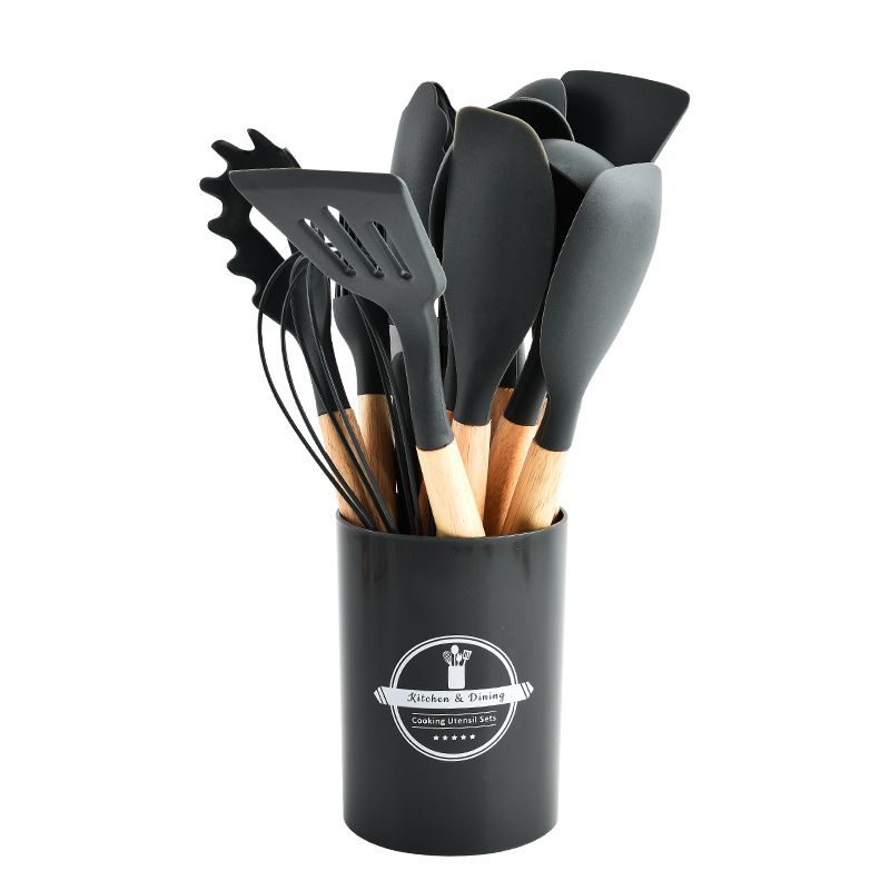 Set of 12PCS Wooden Handle Silicone Kitchenware Set With Storage Bucket High Temperature Protection Cookware