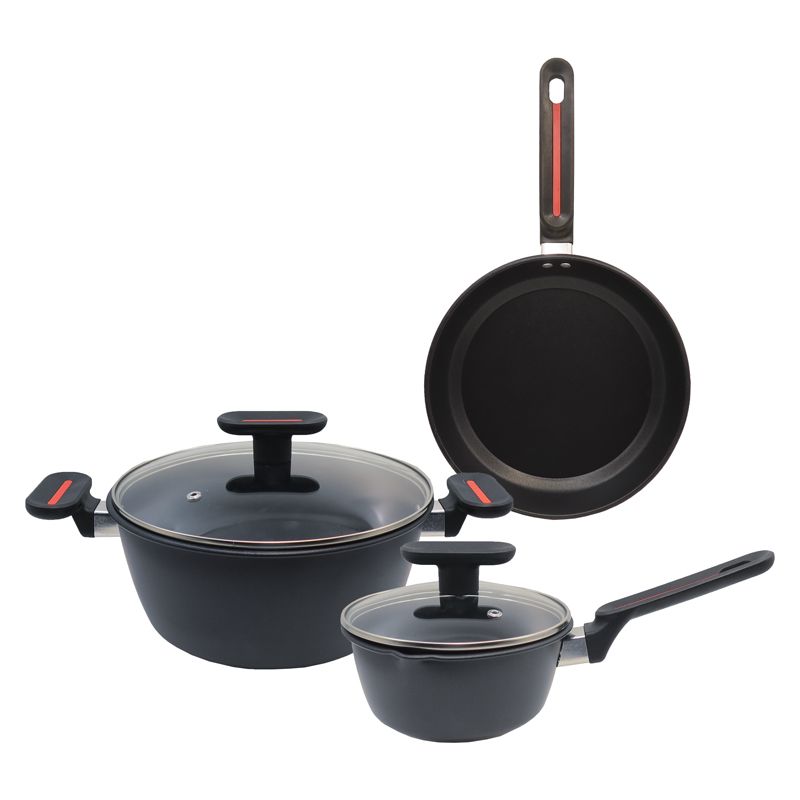 HotChef Set of 5PCS Non-stick Iron Die-cast Cookware Set  Sufuria Set Cooking Pot Soup Pots Set Suitable for Induction Cookers (1PC 116cm sauce pan +1PC 24cm Casserole + 1PC 24CM Pan+2PCS Glass Lids)
