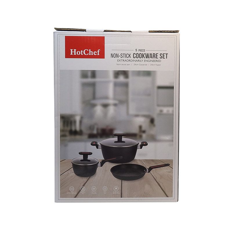 HotChef Set of 5PCS Non-stick Iron Die-cast Cookware Set  Sufuria Set Cooking Pot Soup Pots Set Suitable for Induction Cookers (1PC 116cm sauce pan +1PC 24cm Casserole + 1PC 24CM Pan+2PCS Glass Lids)