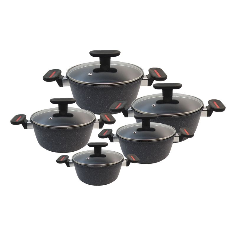 【On Sale】HotChef Set of 10PCS Non-stick Iron Marble Coating Die Casting Cookware Set Sufuria Set Cooking Pot Soup Pots Set Suitable for Induction Cookers (5PCS 20/22/24/26/28CM Pots+5PCS Lids)