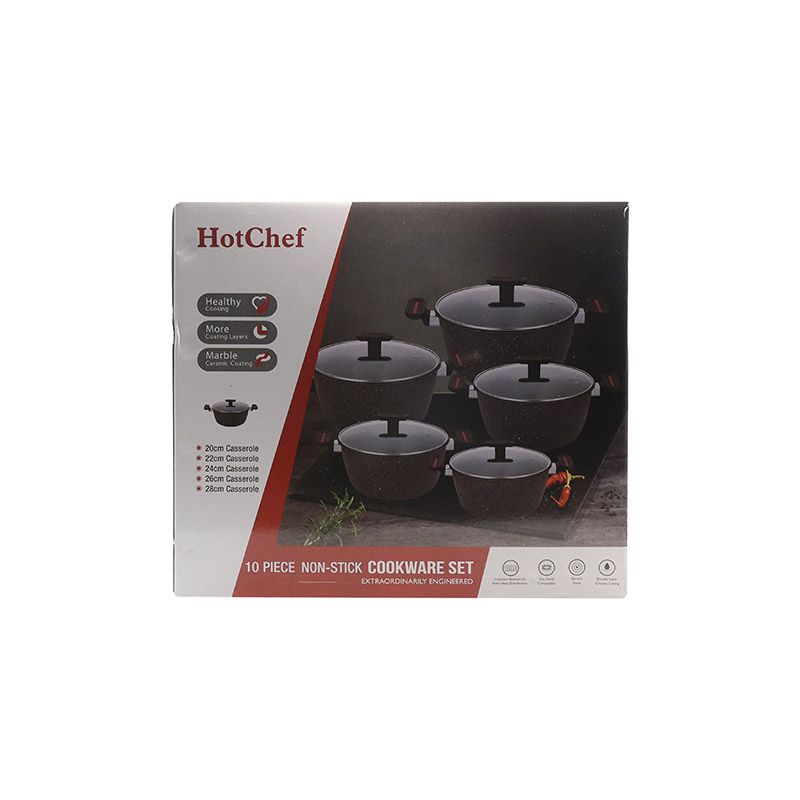 【On Sale】HotChef Set of 10PCS Non-stick Iron Marble Coating Die Casting Cookware Set Sufuria Set Cooking Pot Soup Pots Set Suitable for Induction Cookers (5PCS 20/22/24/26/28CM Pots+5PCS Lids)