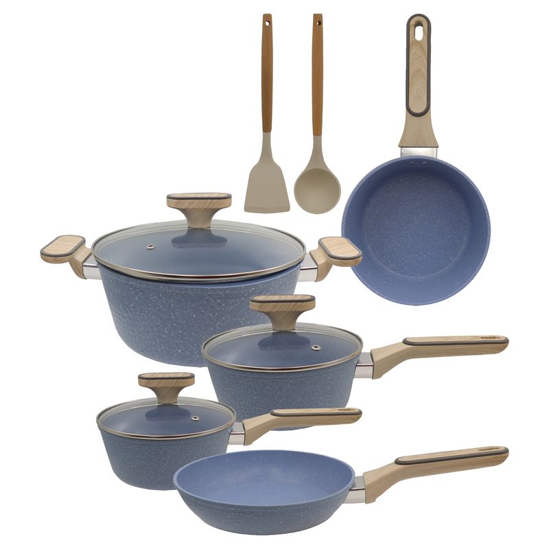 HotChef Set of 10PCS Non-stick Aluminum Marble Coating Cookware Set Sufuria Set Cooking Pot Soup Pots Set (18cm/20cm sauce pan +24cm Casserole +20cm/28 fry pan +3PCS Lids+2PCS Accessories)