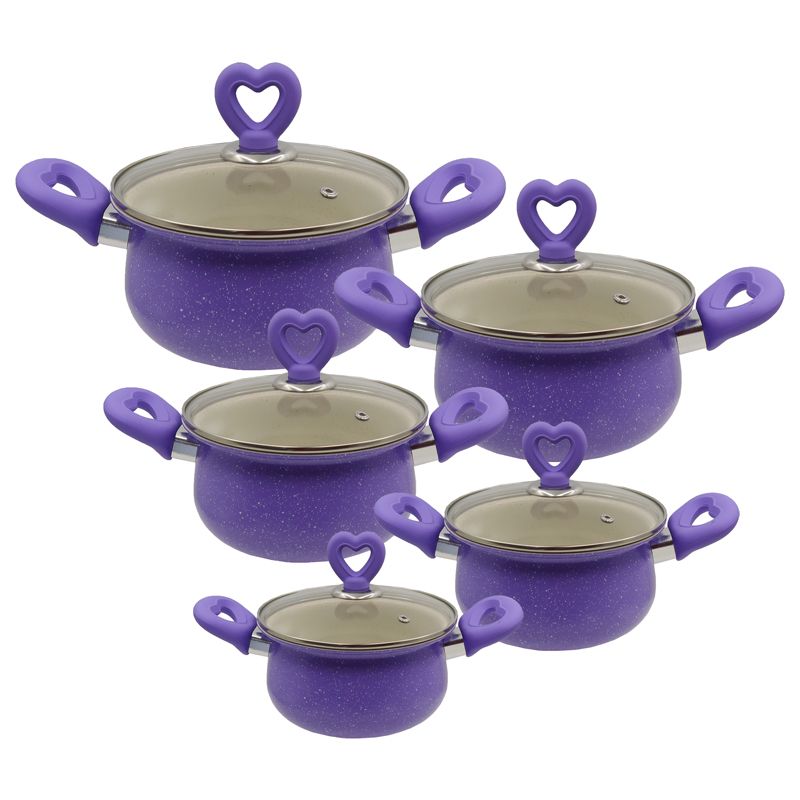 HotChef Set of 10PCS Non-stick Iron Marble Coating Cookware Set Sufuria Set Cooking Pot Set Suitable for Induction Cookers (5PCS 18/20/22/24/26CM Casseroles +5PCS Glass Lids)