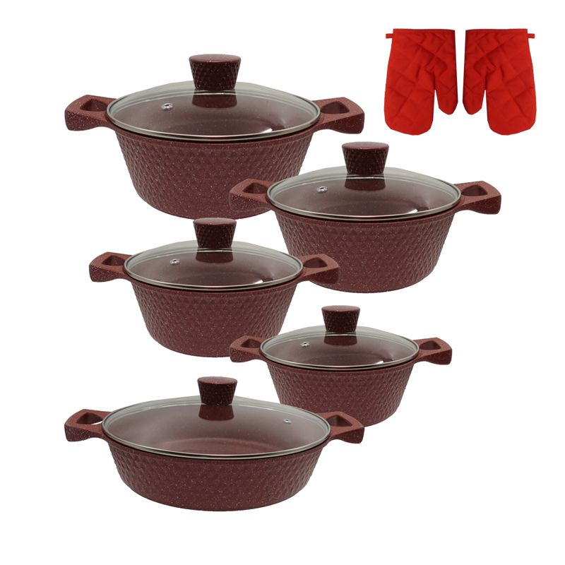 【On Sale】HotChef  Set of 12PCS Non-Stick Thickened and Large Size Die Cast Aluminum Cookware Set  Marble Coating Sufuria Set Cooking Pot Set (5PCS 20/24/28/28/32CM Pots+5PCS Lids +2PCS Gloves)