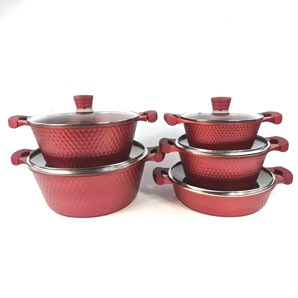 【On Sale】HotChef  Set of 12PCS Non-Stick Thickened and Large Size Die Cast Aluminum Cookware Set  Marble Coating Sufuria Set Cooking Pot Set (5PCS 20/24/28/28/32CM Pots+5PCS Lids +2PCS Gloves)