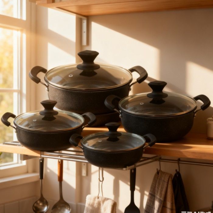 HotChef Set of 8PCS Non-stick Iron Thickened and Large Size Cookware Set Marble Coating Sufuria Set Cooking Pots Set Soup Pots Set  Suitable for induction cookers (4PCS 24/26/28/30CM Pots)