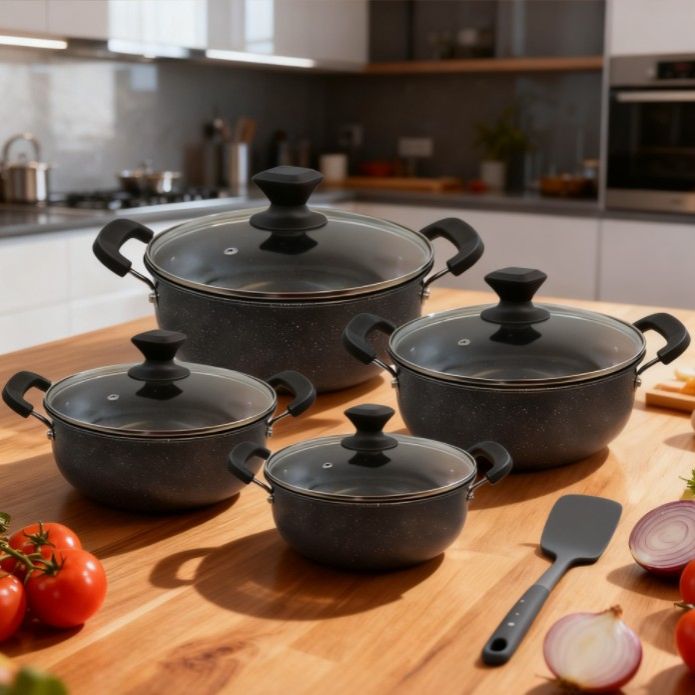 HotChef Set of 8PCS Non-stick Iron Thickened and Large Size Cookware Set Marble Coating Sufuria Set Cooking Pots Set Soup Pots Set  Suitable for induction cookers (4PCS 24/26/28/30CM Pots)