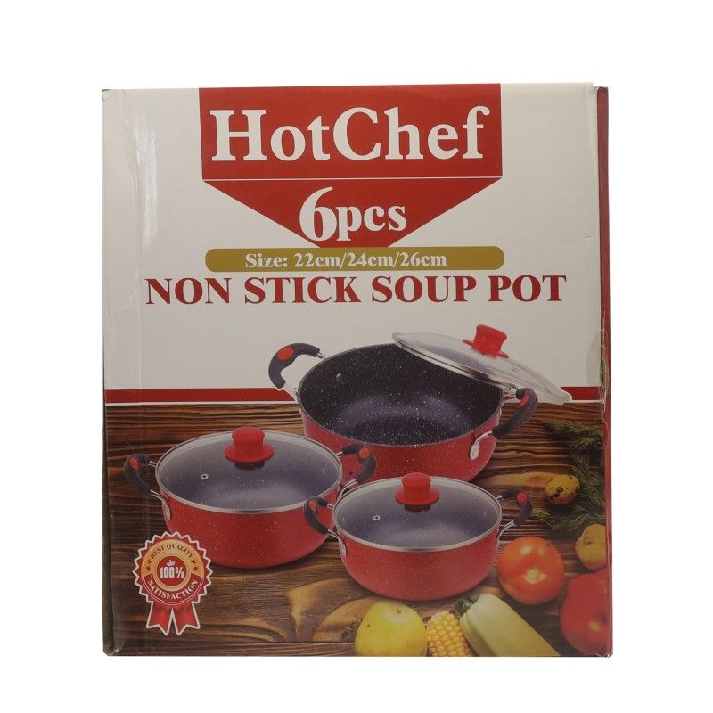 HotChef Set of 6PCS Non-stick Iron Cookware Set  Sufuria Set Cooking Pot Soup Pots Set Suitable for Induction Cookers (3PCS 22/24/26CM Pots+3PCS Lids) TTG102