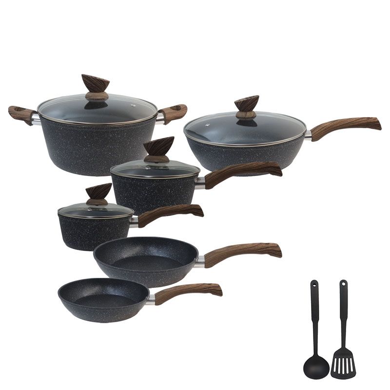 【On Sale】HotChef Set of 12PCS Non-stick Aluminum Marble Coating Cookware Set Sufuria Set Cooking Pot Soup Pots Set (3PCS 16/20/24/CM Pots+3PCS 20/24/28CM Pans+4PCS Lids+2PCS Accessories)
